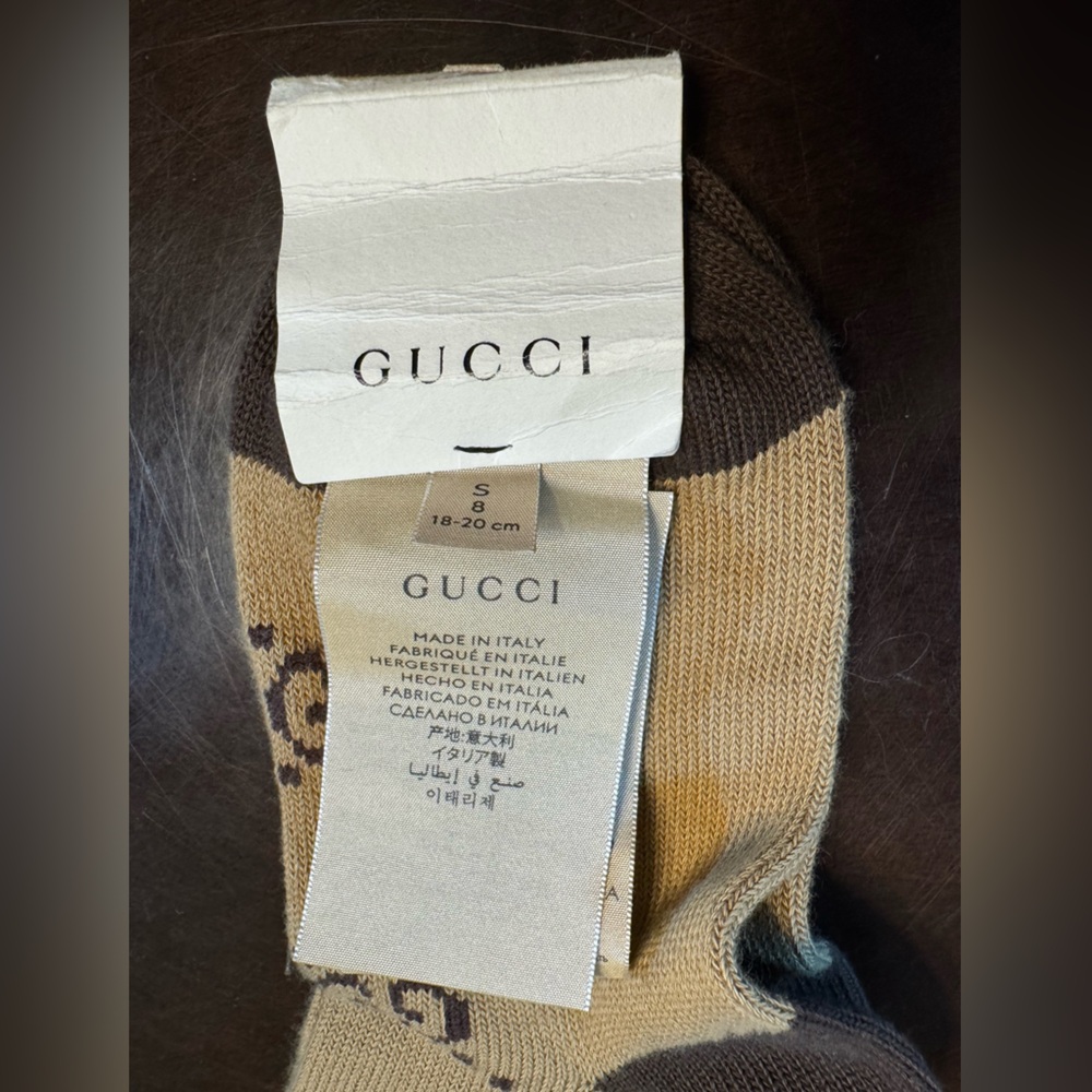 New Authentic Gucci GG Supreme Logo Socks Tan Brown Size S - Picture 10 of 11